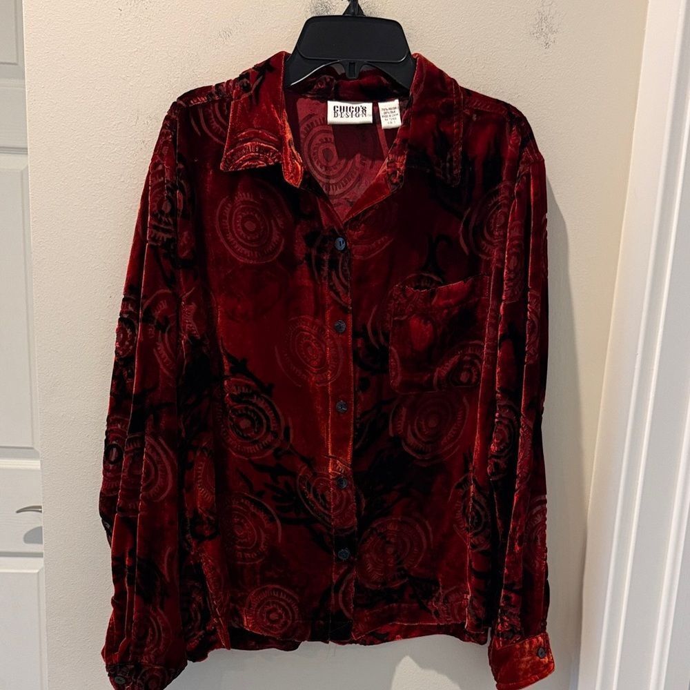 Chico's Design Red Maroon Velvet Blazer silk blend with Black Pattern size M